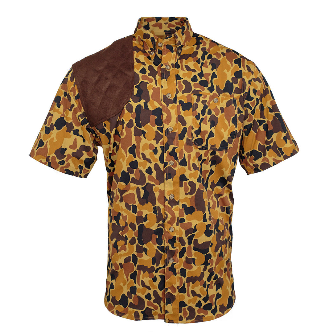 Camouflage-patterned shirt with brown accents on a white background