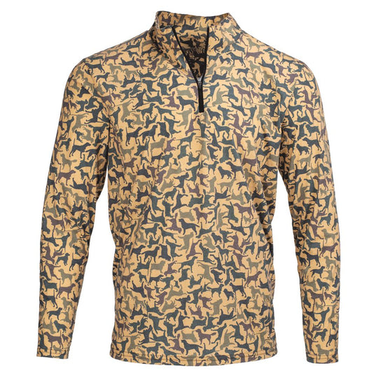 Tan quarter-zip pullover featuring a dark dog silhouette pattern and moisture-wicking DriRelease fabric.