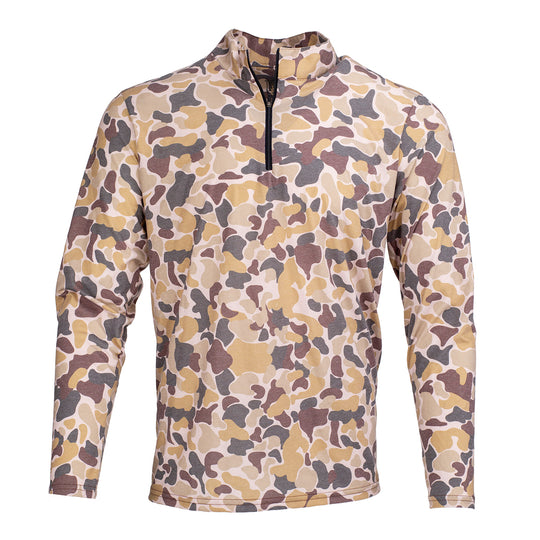 Kevin's DriRelease quarter-zip pullover in a tan, brown, and grey camouflage print with a black front zipper.