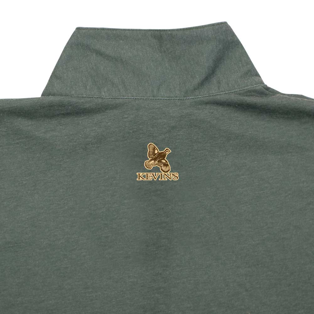 Olive green Kevin's DriRelease quarter zip featuring a small bird logo and brand name on the back collar.