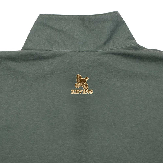 Olive green Kevin's DriRelease quarter zip featuring a small bird logo and brand name on the back collar.