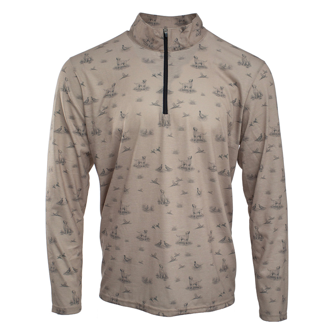 Tan DriRelease quarter-zip pullover featuring a repeating pattern of hunting dogs and birds with a black zipper.