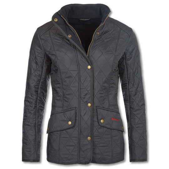 Black Barbour Cavalry diamond-quilted jacket with gold hardware, fleece lining, and a flattering elasticated waist.