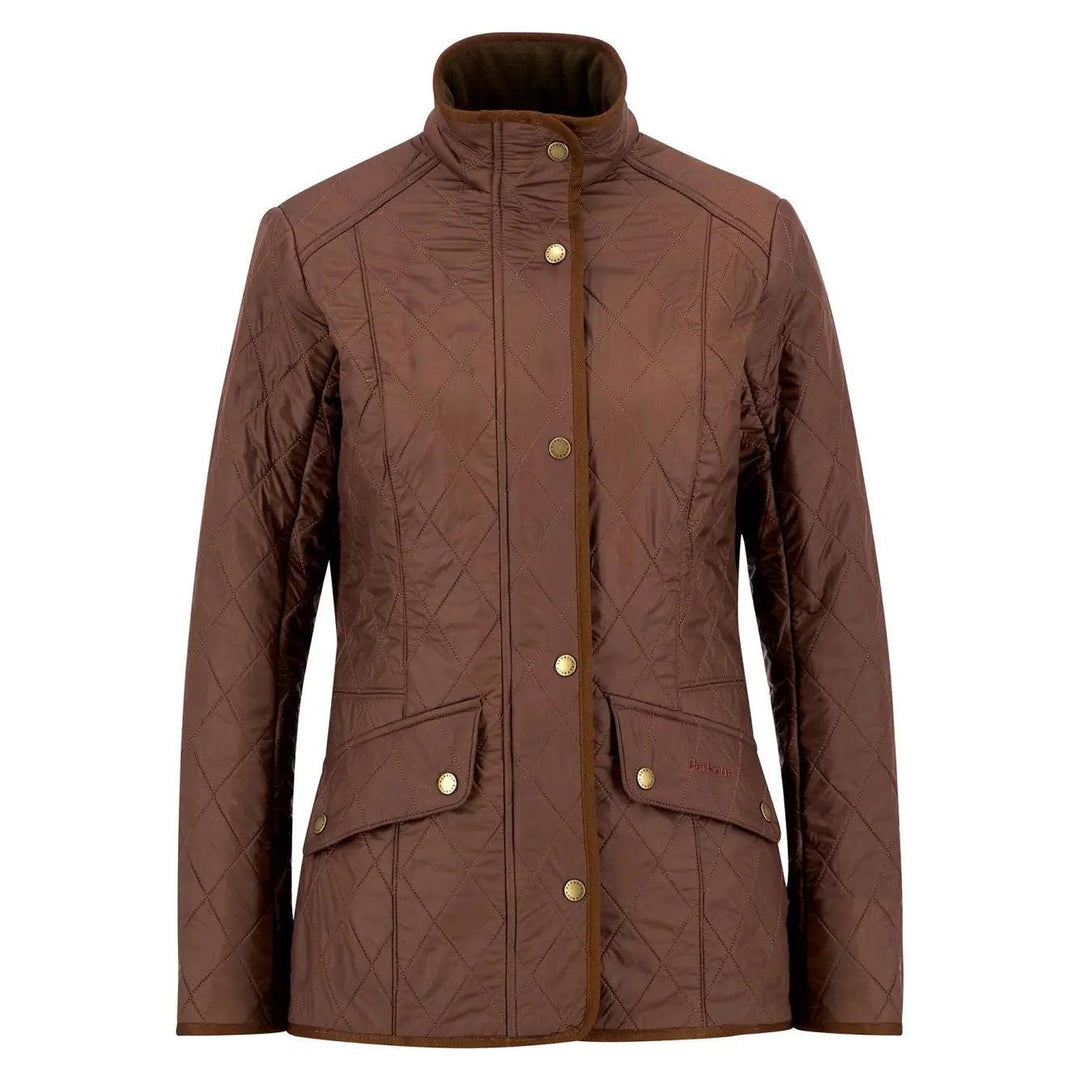 Brown Barbour Cavalry diamond-quilted jacket with a fleece-lined collar, gold snap buttons, and a fitted waist.