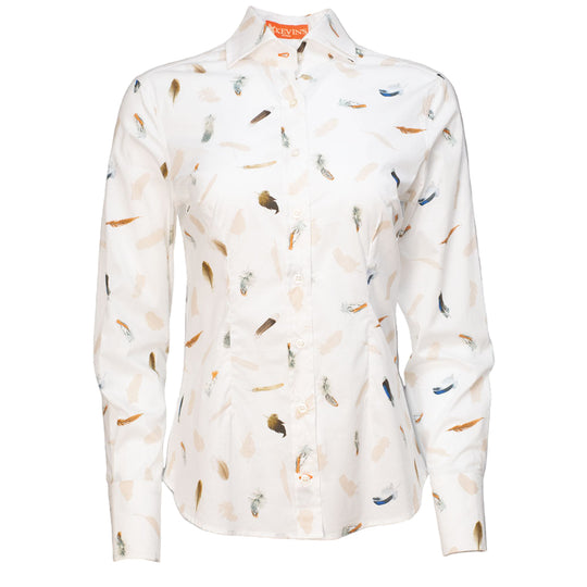 Off-white Egyptian cotton blouse featuring a tailored fit and a colorful game bird feather print pattern.