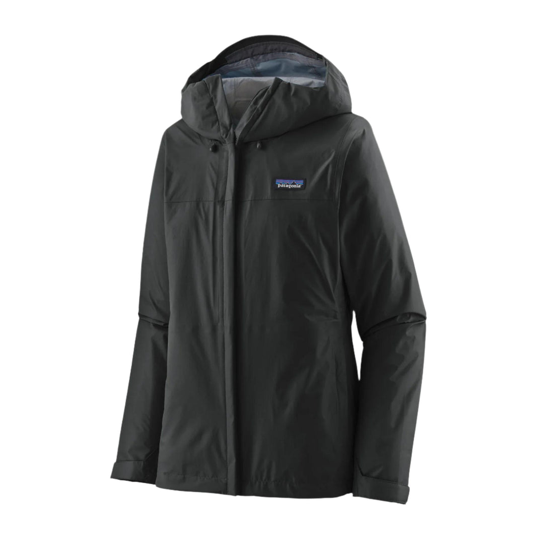 Black Patagonia Women's Torrentshell 3L waterproof rain jacket with an adjustable hood and front zipper.