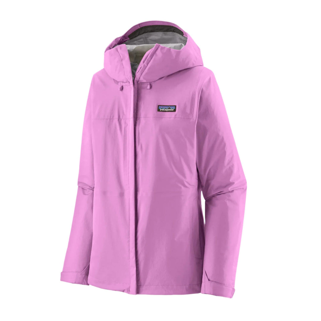 Bright pink Patagonia Torrentshell 3L waterproof rain jacket with an adjustable hood and front zipper closure.