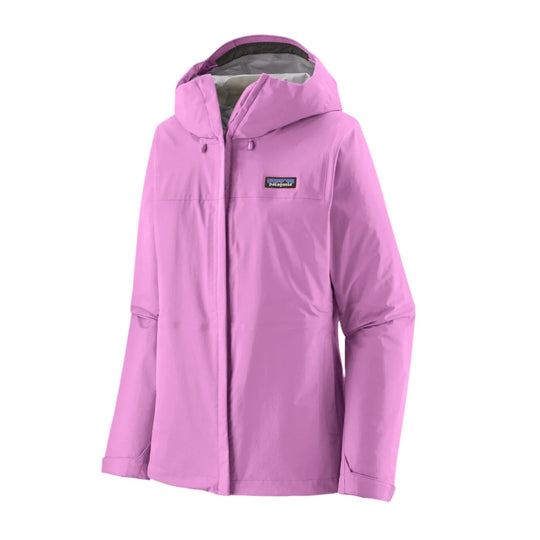 Bright pink Patagonia Torrentshell 3L waterproof rain jacket with an adjustable hood and front zipper closure.