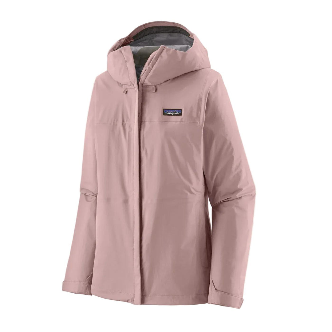 Dusty pink Patagonia Torrentshell 3L waterproof rain jacket with an adjustable hood and front zipper closure.