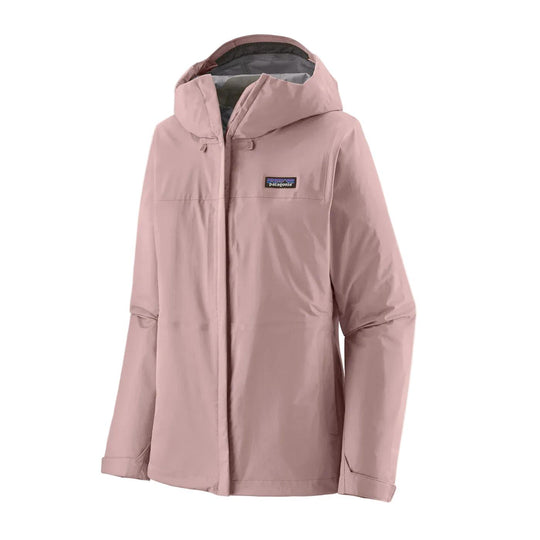 Dusty pink Patagonia Torrentshell 3L waterproof rain jacket with an adjustable hood and front zipper closure.