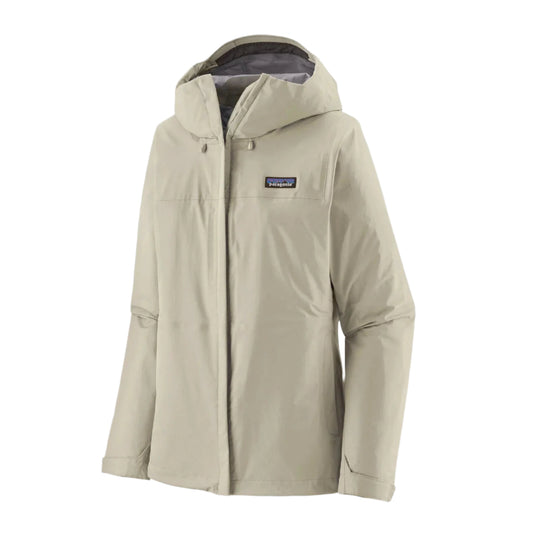 Patagonia Women's Torrentshell 3L waterproof rain jacket in beige with an adjustable hood and logo patch.