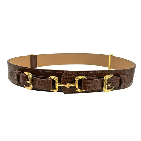 Brown embossed vegan leather belt with gold brass buckles and a sleek, adjustable hook clip design.