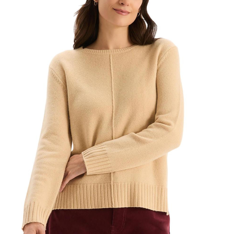 Tyler Boe Asha beige 100% cashmere crewneck sweater with a center front stitch detail and ribbed hem and cuffs.