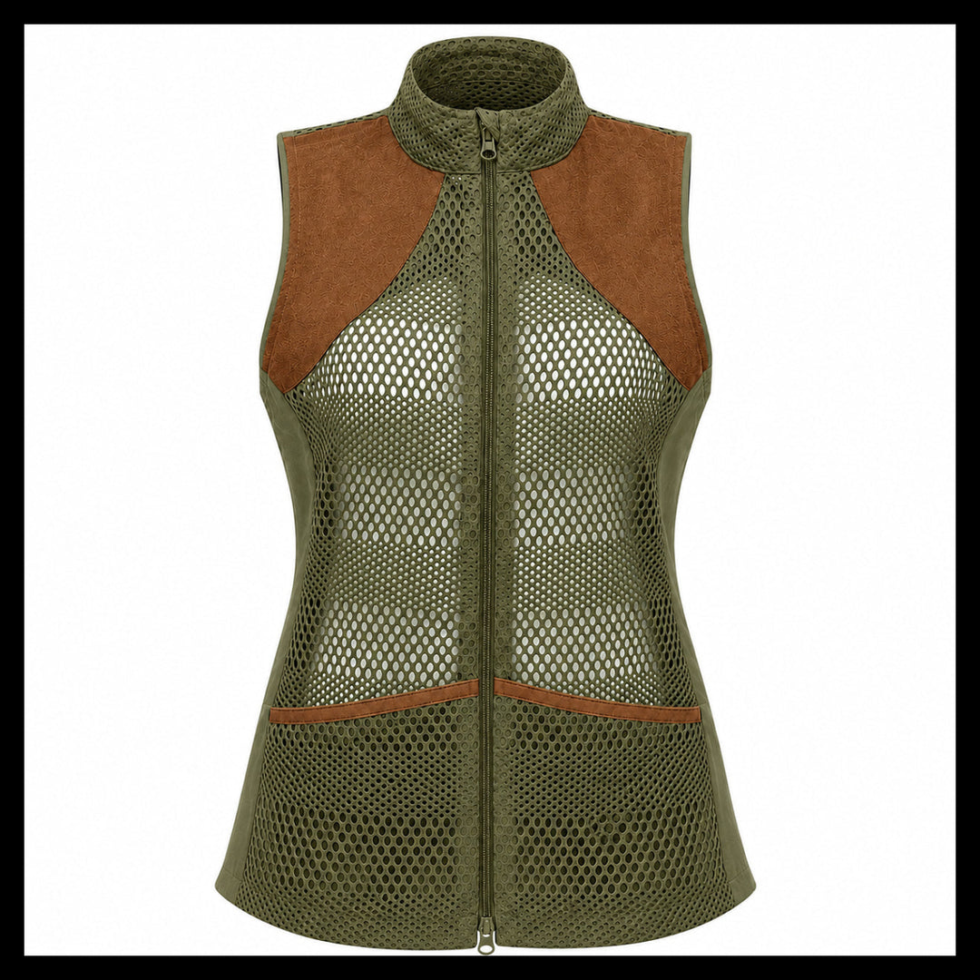 Green mesh vest with brown accents on a white background