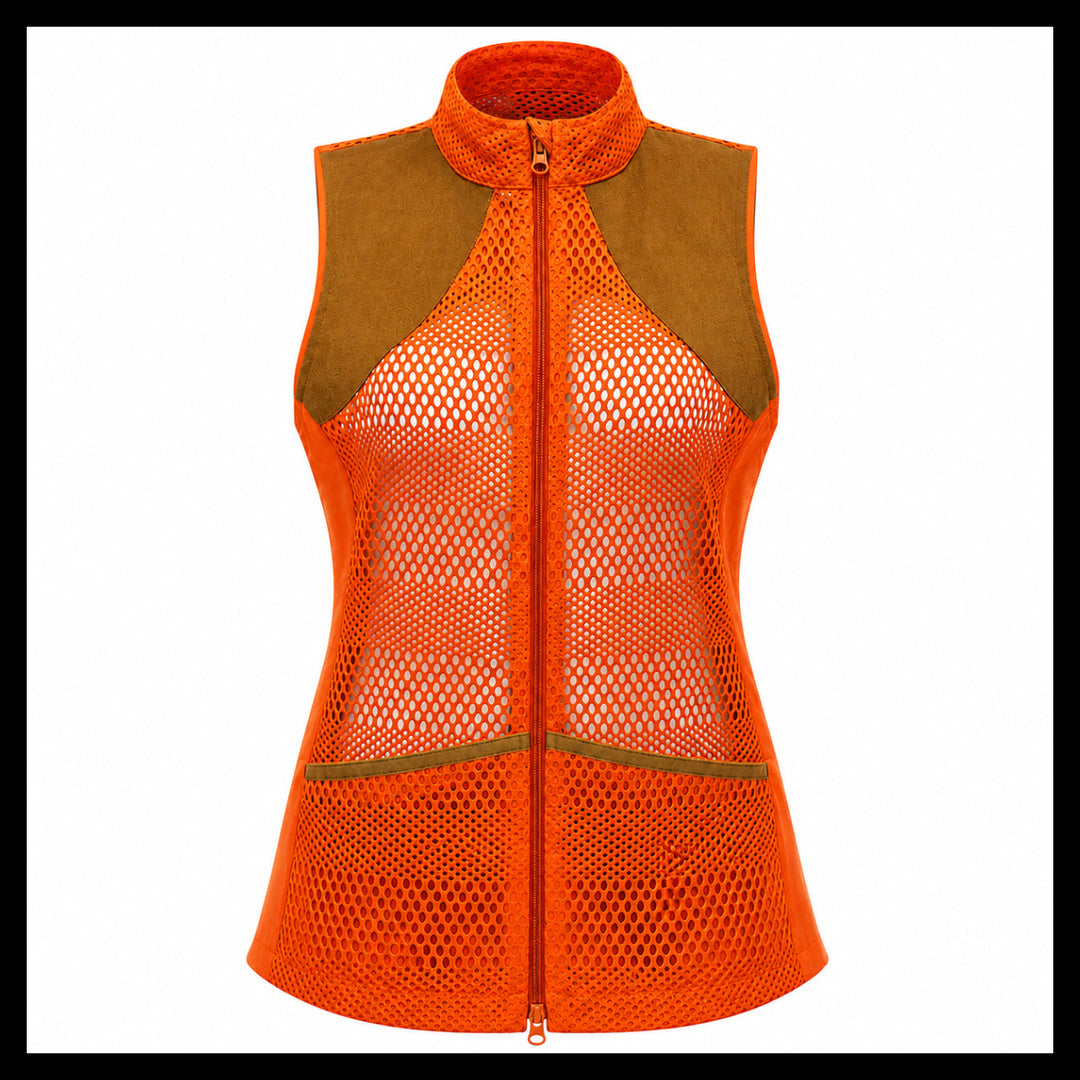 Orange mesh vest with brown accents on a white background