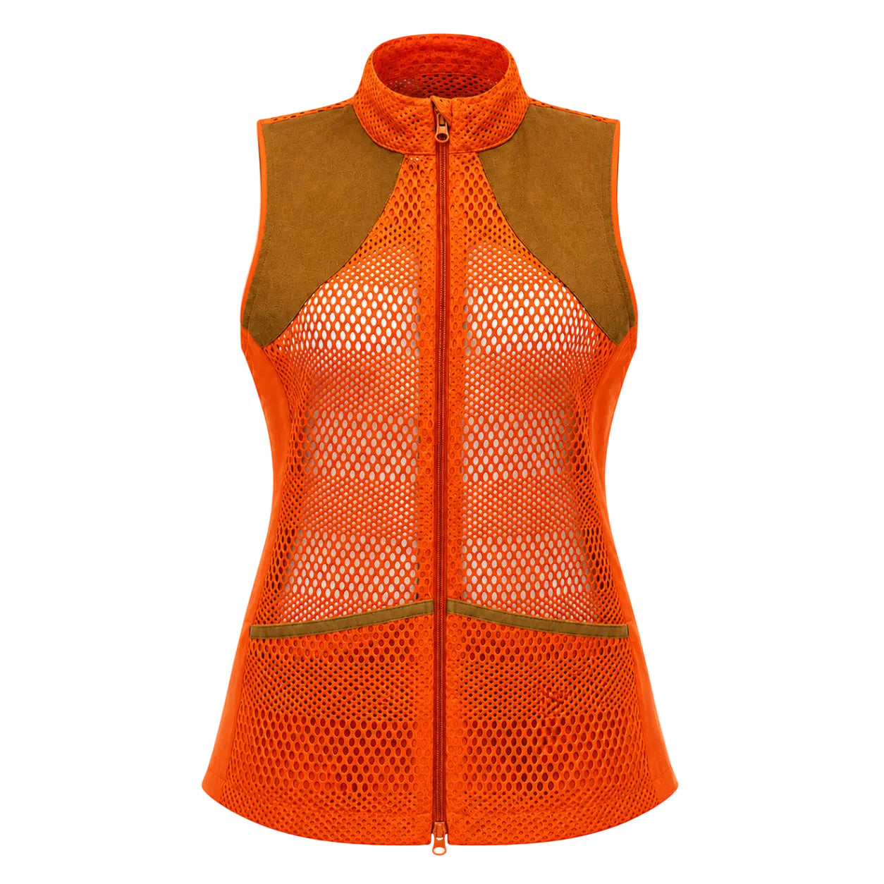 Orange mesh vest with brown accents on a white background