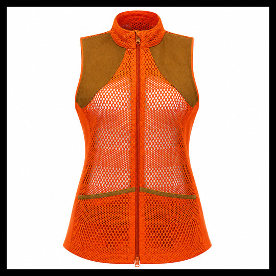 Orange mesh vest with brown accents on a white background