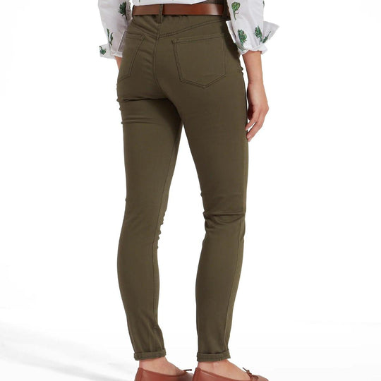 Schoffel ladies' high-rise slim-fit Poppy jeans in loden green with a classic five-pocket design.
