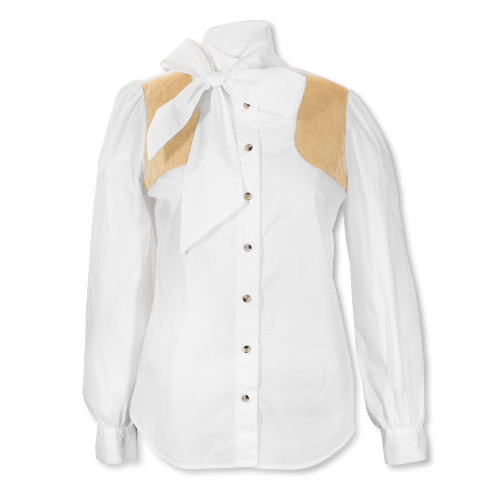 Kevin's Huntress Long Puff Sleeve Tie Blouse-Women's Clothing-White with Light Khaki Patches-XS-Kevin's Fine Outdoor Gear & Apparel