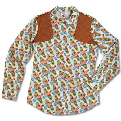 Kevin's Huntress Quail Print Shooting Shirt-Women's Clothing-Quail with Milk Chocolate Wax Patches-XS-Kevin's Fine Outdoor Gear & Apparel