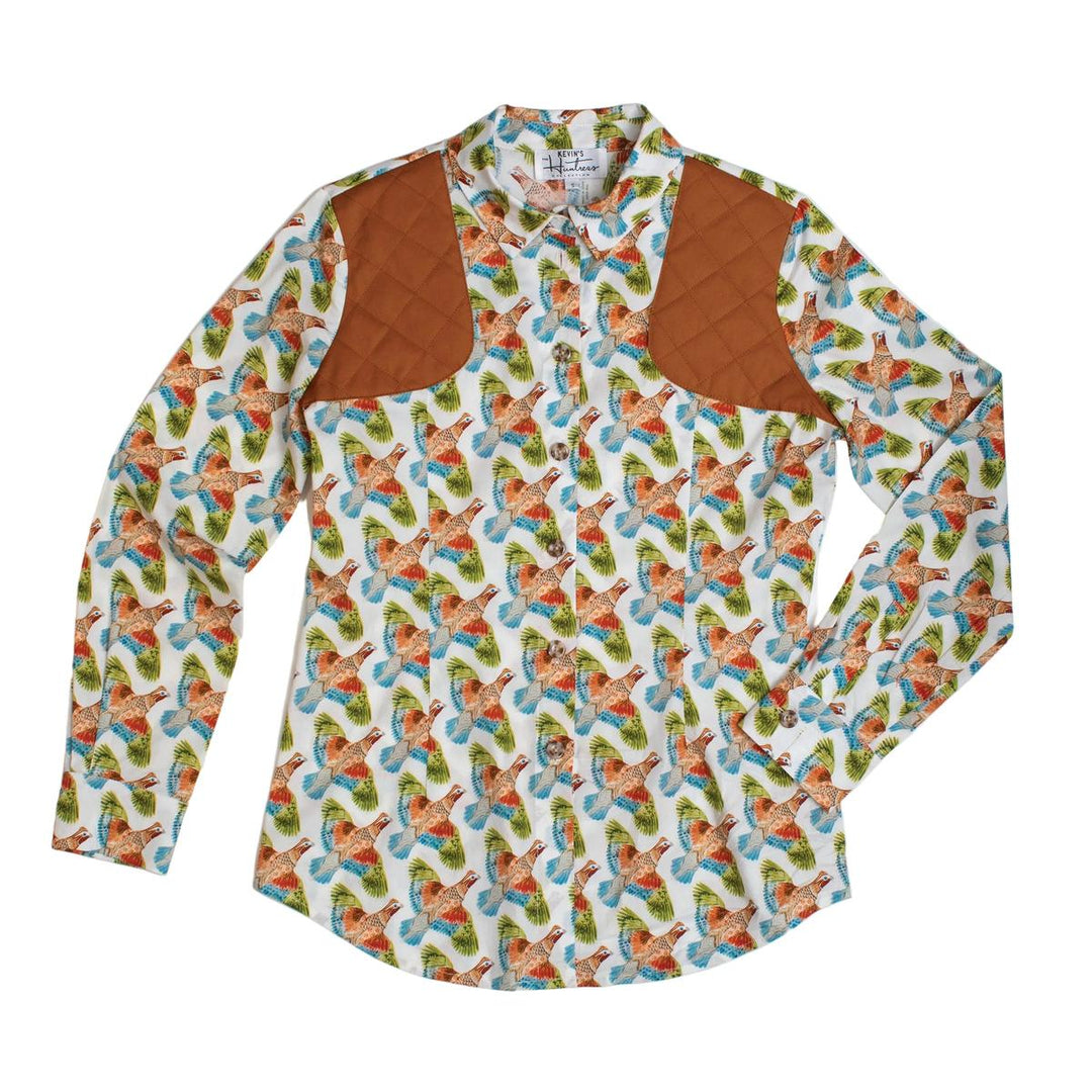Kevin's Huntress shooting shirt in white with a colorful quail print and brown quilted shoulder patches.