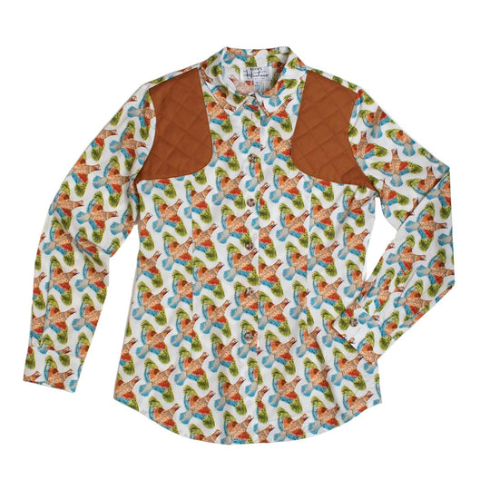 Kevin's Huntress shooting shirt in white with a colorful quail print and brown quilted shoulder patches.