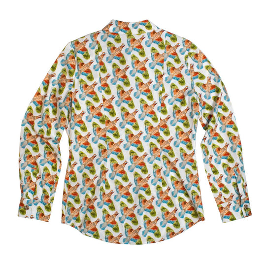 Back view of a white long-sleeve shooting shirt featuring a colorful, repeating quail print pattern.