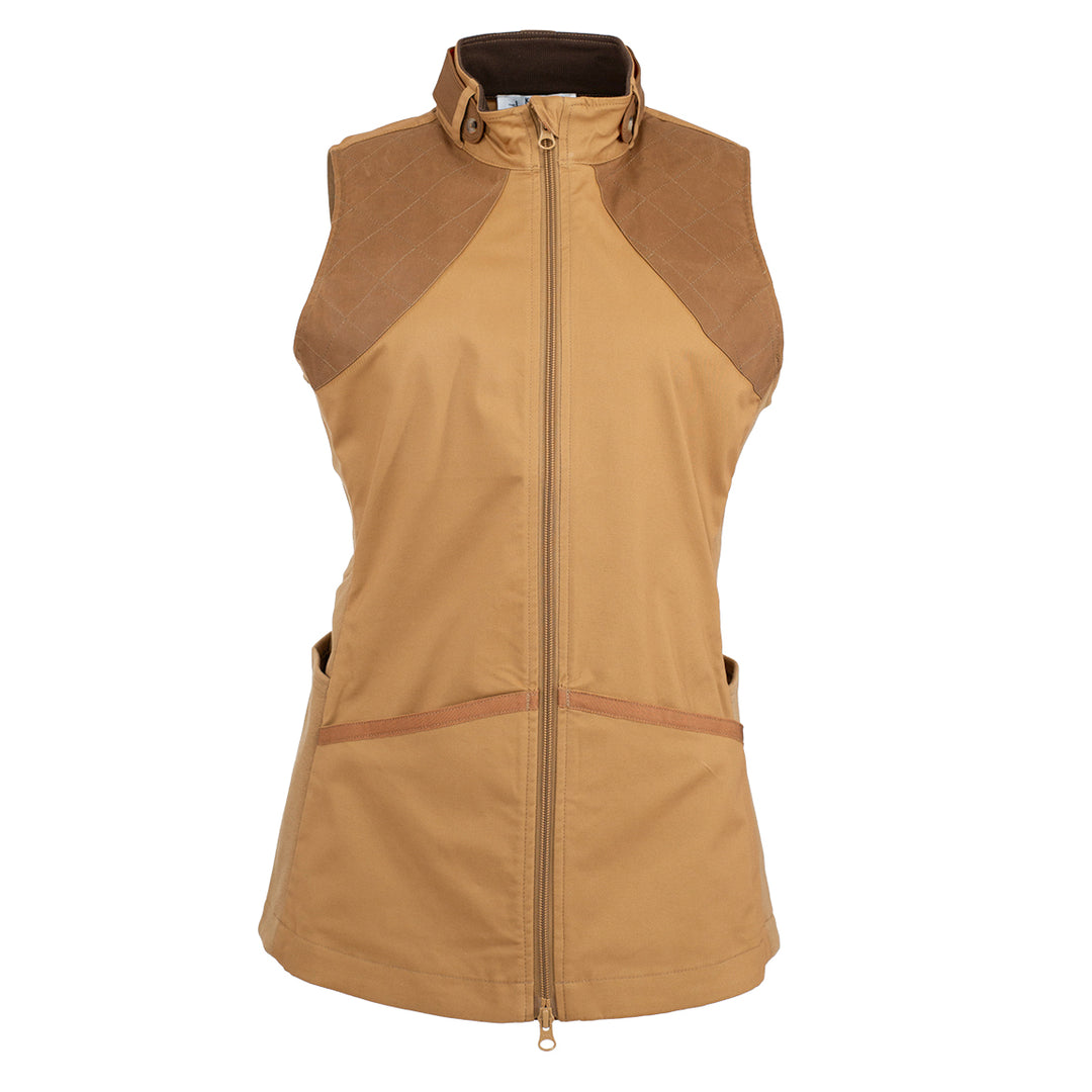 Tan twill shooting vest with padded brown shoulder patches, full-zip front, and a reversible neck tab for upland hunting.