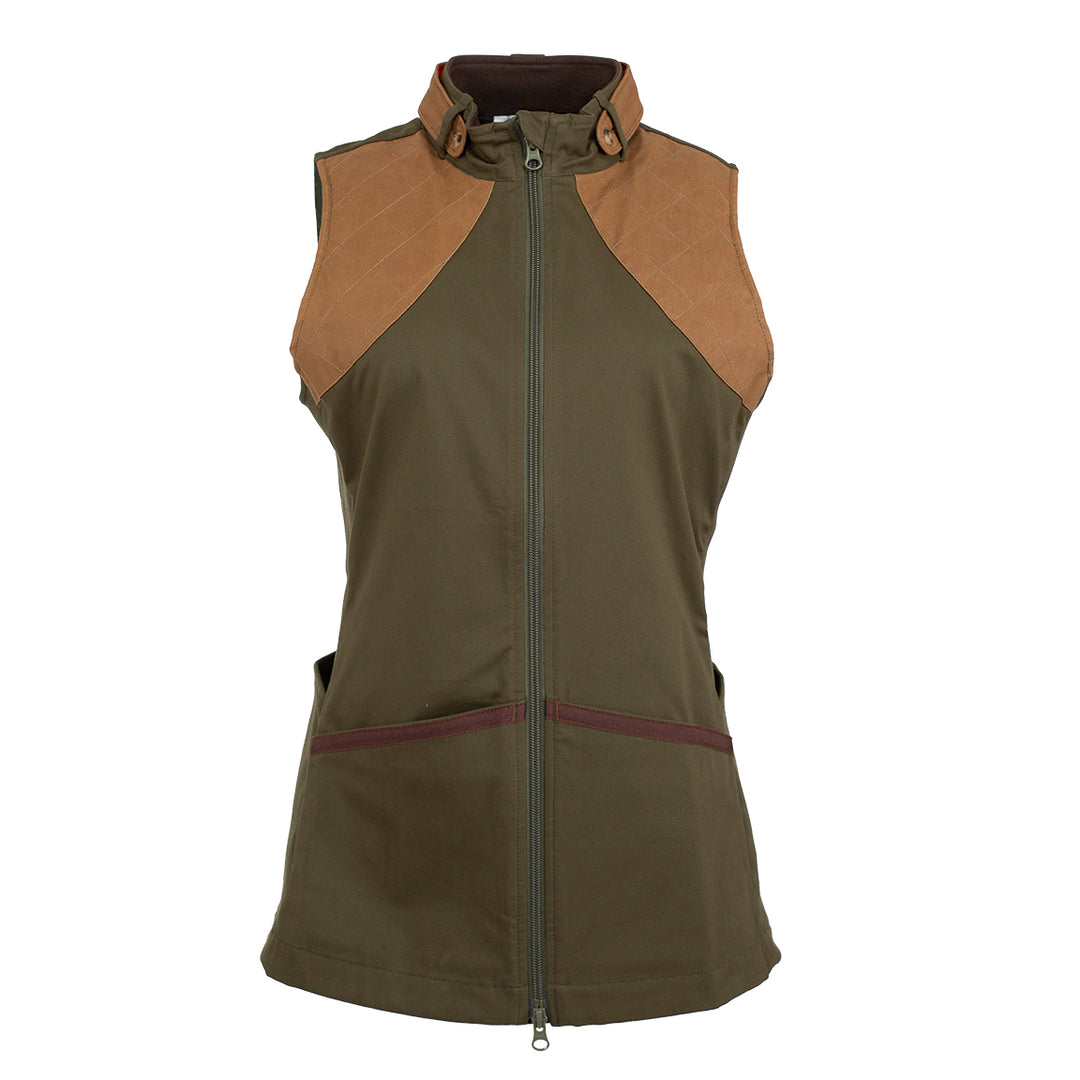 Olive green twill shooting vest with brown padded shoulders, a full-zip front, and a reversible neck tab.