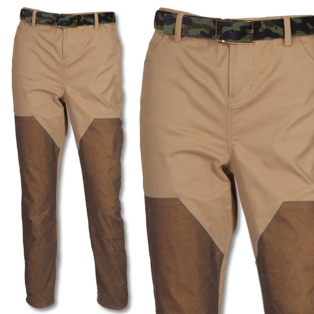 Tan high-rise women's hunting pants with brown waxed briar-proof front panels and a camouflage belt.