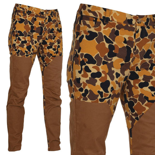 Kevin's Huntress high-rise briar pants in camo print with solid brown double-faced front panels for hunting.
