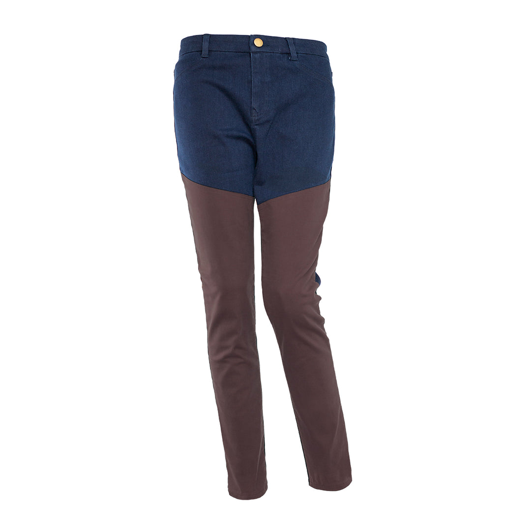 Kevin's Huntress jeans in blue denim with brown waxed briar-facing panels for durable outdoor performance.