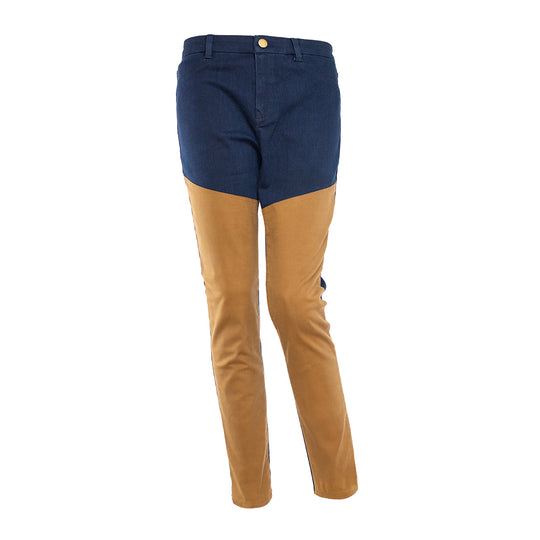 Women's dark blue jeans with tan waxed briar-facing panels on the legs for hunting durability and a secure 9-inch rise.