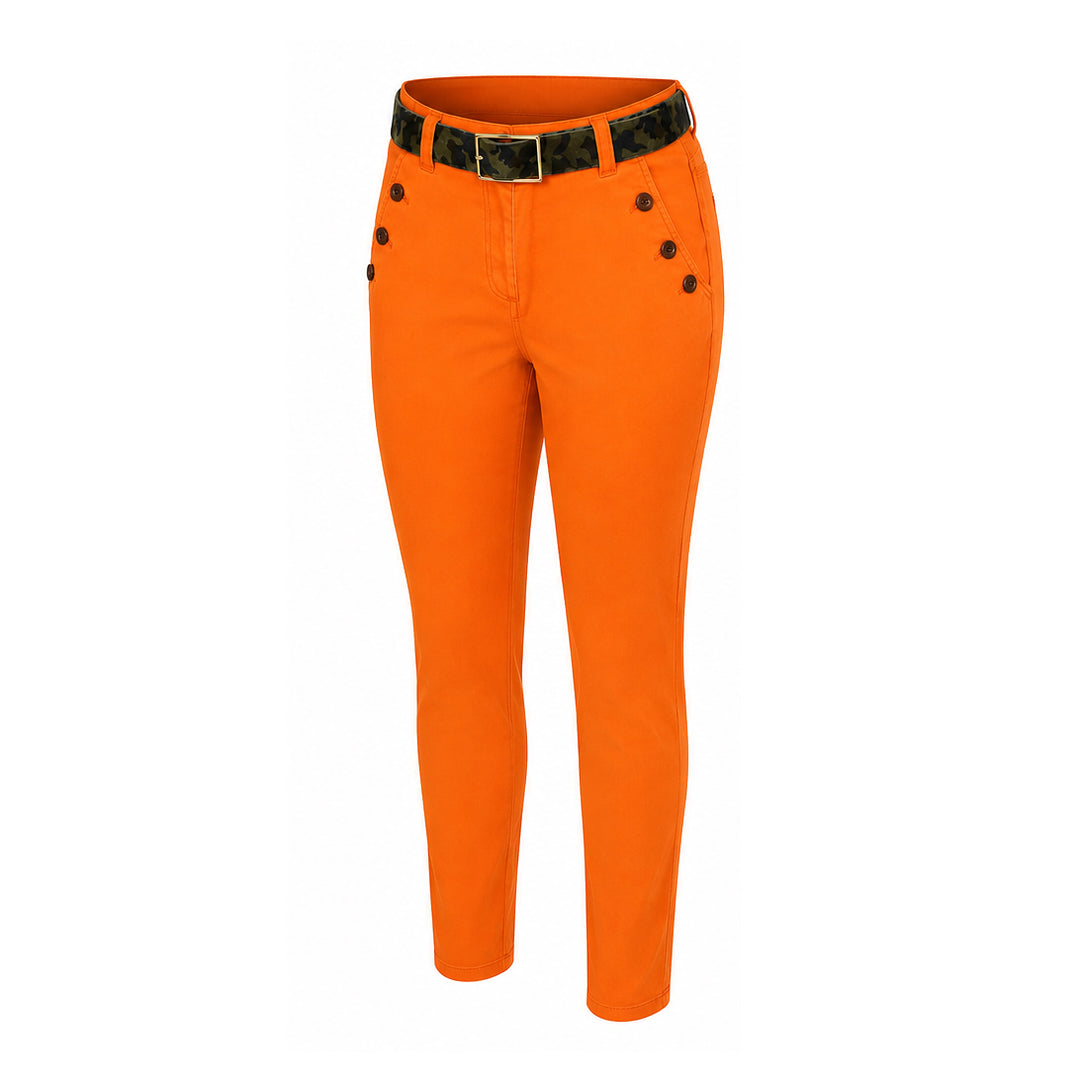 Bright orange stretch cotton field pants with horn button pocket details and a camouflage belt.