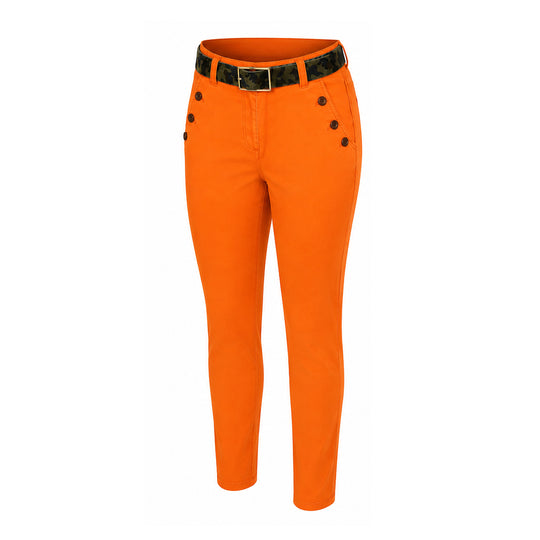 Bright orange stretch cotton field pants with horn button pocket details and a camouflage belt.