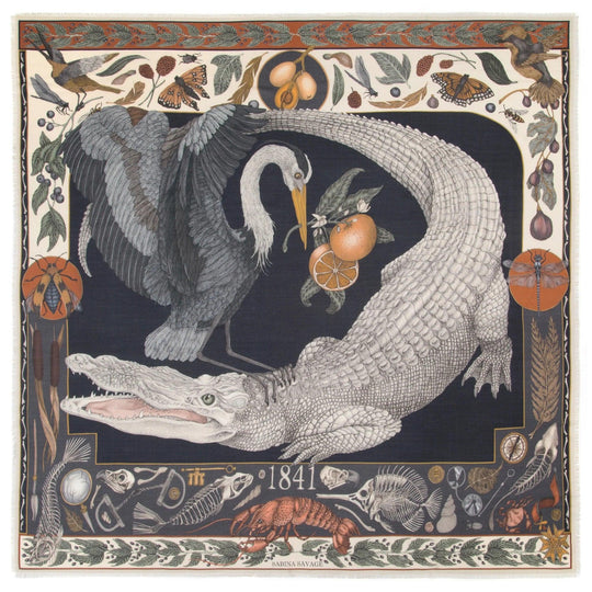 Sabina Savage wool-silk scarf featuring an albino alligator and heron print with hand-fringed edges in a 135cm square design.
