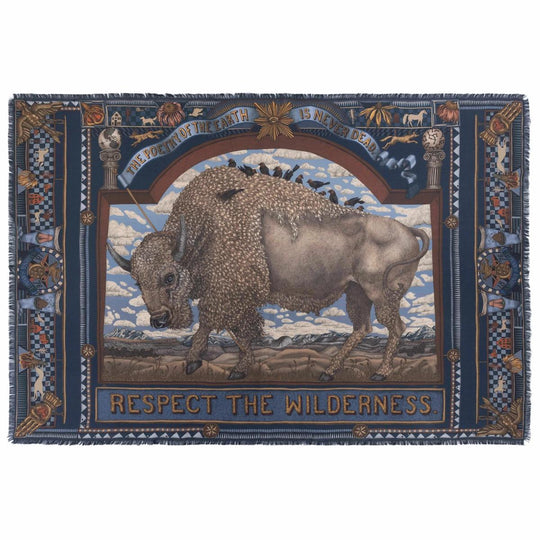 Navy blue silk rectangle scarf featuring a detailed American bison illustration with folk art motifs and fringed edges.