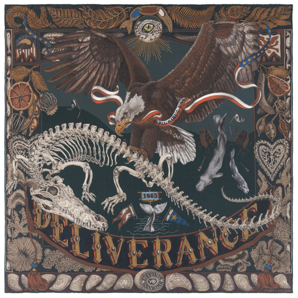 Sabina Savage The Scrimshaw Skeleton Silk 35" Square Scarf-Women's Accessories-Kelp/Canvas-Kevin's Fine Outdoor Gear & Apparel