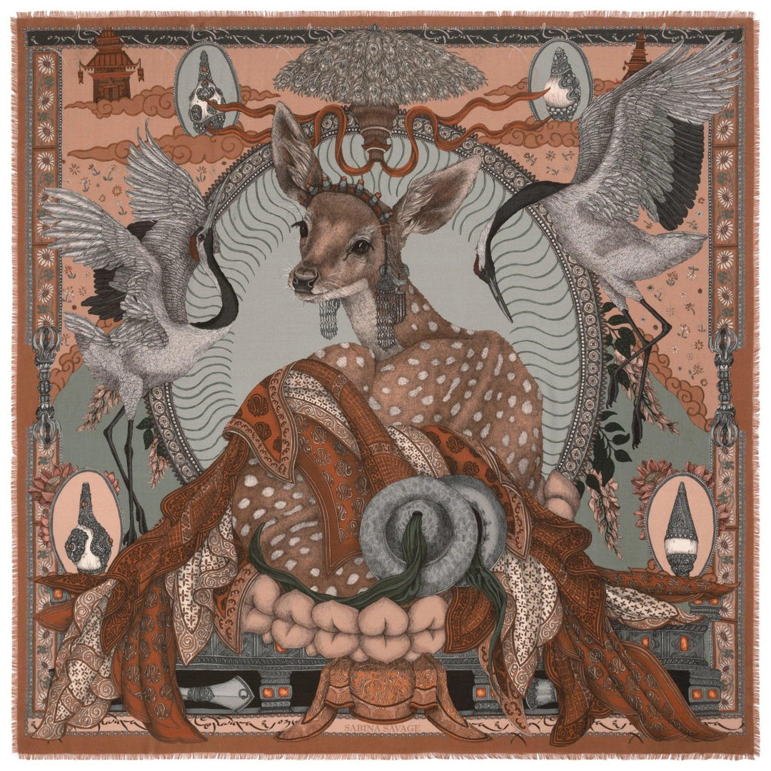 Sabina Savage 53-inch wool-silk scarf featuring a deer in Tibetan jewelry, cranes, and lotus motifs in muted earth tones.