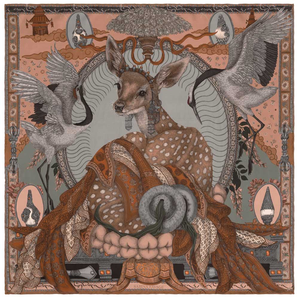 Sabina Savage The Song Deer 53" Wool/Silk Scarf-Coral/Quartz-Kevin's Fine Outdoor Gear & Apparel