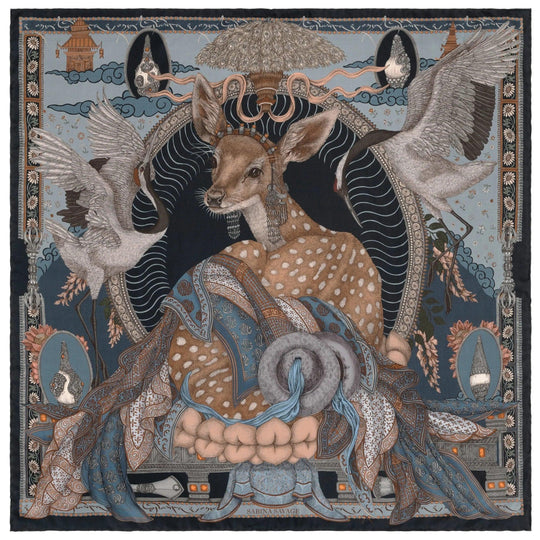 Sabina Savage 35-inch silk scarf featuring a deer, cranes, and Tibetan-inspired motifs in blue, brown, and cream tones.