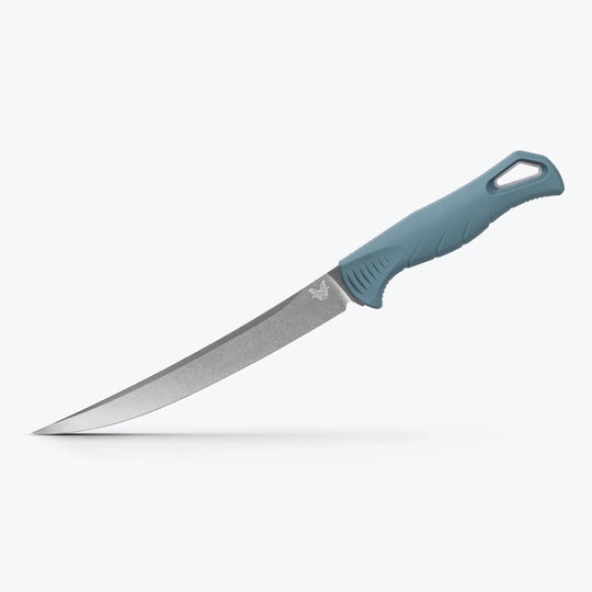 Benchmade 7-inch Fishcrafter fillet knife with a stonewashed MagnaCut steel blade and blue Santoprene handle.