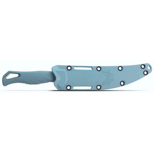 Benchmade 7-inch Fishcrafter fillet knife with a blue Santoprene handle inside a matching Sonar Gray molded sheath.