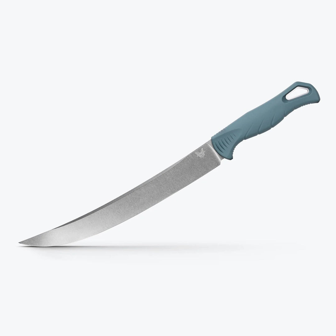 Benchmade 9-inch Fishcrafter fillet knife with a stonewashed MagnaCut steel blade and blue Santoprene handle.
