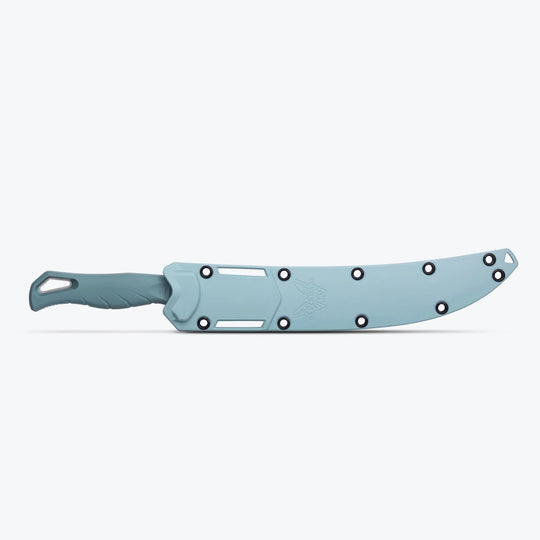 Benchmade 9-inch Fishcrafter fillet knife in a blue Santoprene handle with a matching protective sheath.