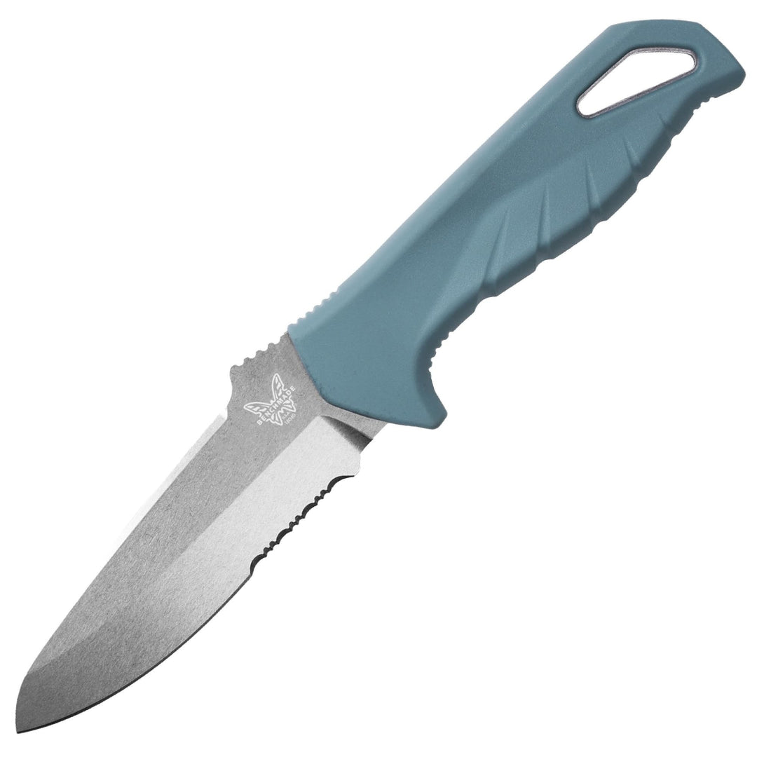 Benchmade Undercurrent fixed blade knife with a stonewashed sheepsfoot blade and blue Santoprene handle.