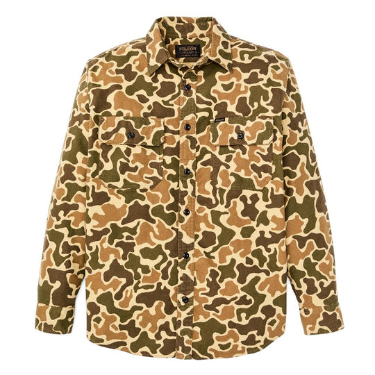 Filson Field Flannel shirt in camo print with button-front closure, spread collar, and dual button-flap chest pockets.