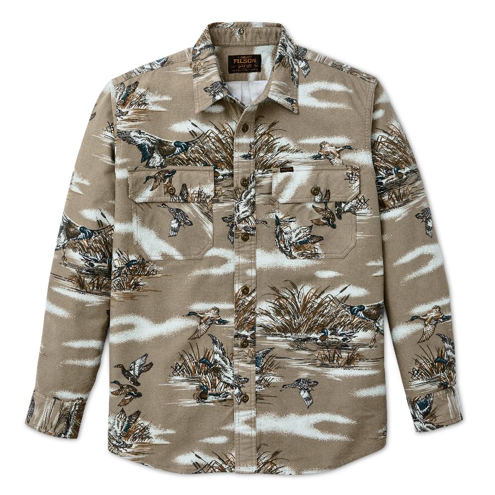 Tan Filson field flannel shirt featuring a duck hunting print, button-front closure, and dual chest pockets.