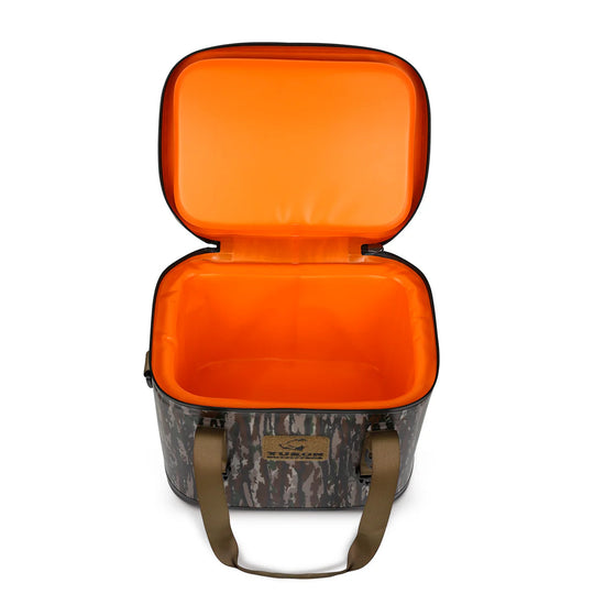 Open camo-patterned Kevin's Yukon 30-can cooler with a bright orange interior, carry handles, and leather brand patch.