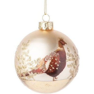 Matte Painted Glass Ball with Partridge and Glittered Gold Leaf Ornament-Home/Giftware-Champagne-Kevin's Fine Outdoor Gear & Apparel